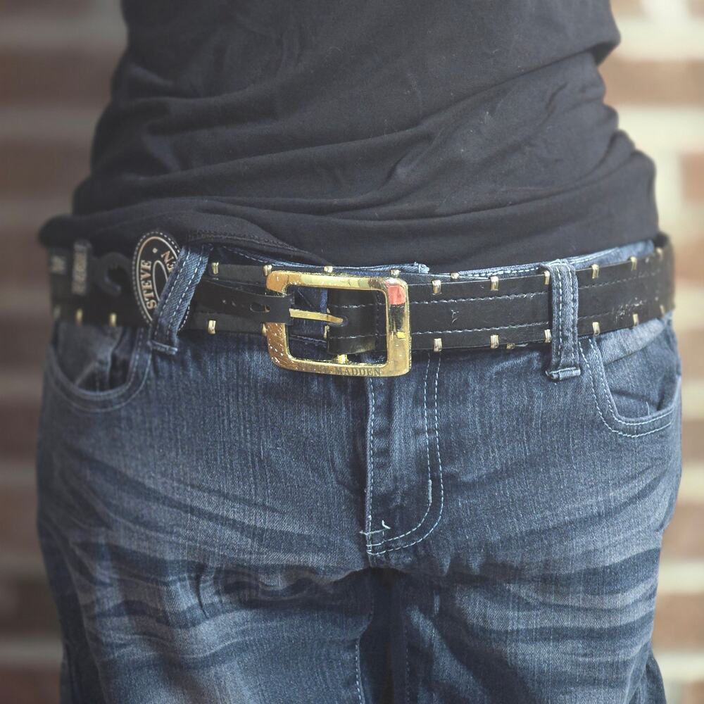 Steve Madden Y2K Black Leather Studded Belt Gold Buckle